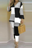 Black White Casual Print Patchwork V Neck Long Sleeve Two Pieces