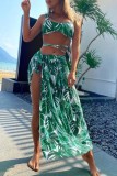 Green Sexy Print Backless Cross Straps Slit Swimsuit Three Piece Set (With Paddings)