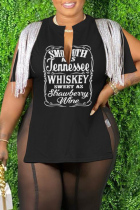 Black Casual Letter Print Tassel Patchwork Slit V Neck T-Shirts