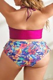Rose Red Sexy Print Bandage Backless Halter Plus Size Swimwear (With Paddings)