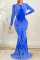 Blue Sexy Hot Drilling Patchwork O Neck Trumpet Mermaid Dresses