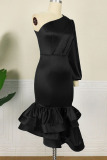 Black Elegant Solid Patchwork Flounce Fold Asymmetrical Oblique Collar Irregular Dress Plus Size Dresses