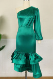 Green Elegant Solid Patchwork Flounce Fold Asymmetrical Oblique Collar Irregular Dress Plus Size Dresses