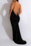 Black Sexy Solid Patchwork V Neck Long Dress Dresses