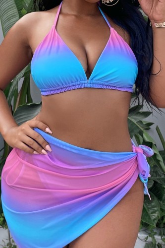 Pink Sexy Gradual Change Print Bandage Backless Halter Plus Size Swimwear Three Piece Set (With Paddings)