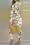 White Casual Print Patchwork V Neck Long Sleeve Two Pieces