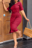 Brick Red Casual Elegant Solid Patchwork O Neck One Step Skirt Dresses