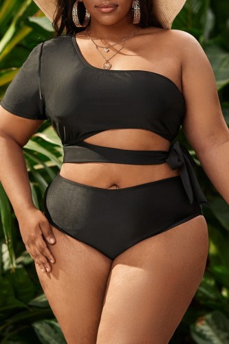 Black Sexy Solid Bandage Backless Oblique Collar Plus Size Swimwear (With Paddings)