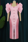 Pink Elegant Solid Patchwork Slit Square Collar Evening Dress Plus Size Dresses