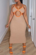 Brownness Sexy Solid Hollowed Out Patchwork Spaghetti Strap One Step Skirt Dresses