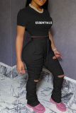 Black Casual Letter Print Ripped Fold O Neck Short Sleeve Two Pieces