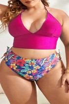 Rose Red Sexy Print Bandage Backless Halter Plus Size Swimwear (With Paddings)