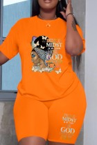 Orange Fashion Casual Print Patchwork O Neck Short Sleeve Two Pieces