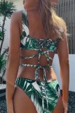 Green Sexy Print Backless Cross Straps Slit Swimsuit Three Piece Set (With Paddings)