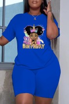 Blue Casual Print Basic O Neck Short Sleeve Two Pieces