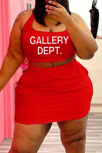 Red Street Print Letter U Neck Plus Size Two Pieces
