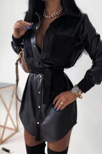 Black Casual Patchwork Shirt Collar Long Sleeve Dresses