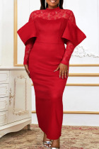 Red Elegant Solid Patchwork O Neck Evening Dress Plus Size Dresses