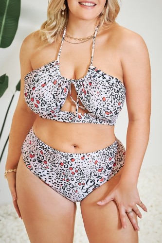 Multicolor Sexy Print Bandage Backless Halter Plus Size Swimwear (With Paddings)