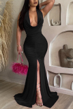 Black Sexy Party Elegant Solid High Opening Fold Halter Trumpet Mermaid Dresses