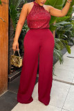 Burgundy Sexy Casual Solid Sequins Half A Turtleneck Sleeveless Two Pieces