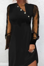 Black Elegant Print Patchwork Buttons Mesh V Neck Princess Dresses
