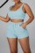 Blue Casual Solid Basic U Neck Sleeveless Two Pieces