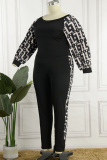 Black White Sexy Casual Print Patchwork Contrast O Neck Long Sleeve Two Pieces