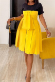 Yellow Casual Solid Patchwork Contrast O Neck A Line Dresses