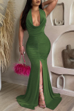 Rose Red Sexy Party Elegant Solid High Opening Fold Halter Trumpet Mermaid Dresses