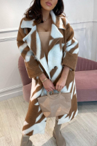 Khaki Casual Print Cardigan Turndown Collar Outerwear