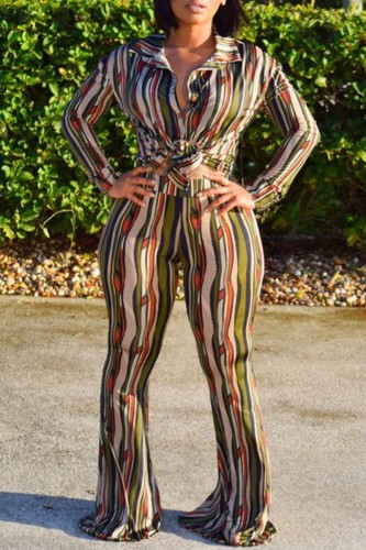 Army Green Casual Striped Print Basic Turndown Collar Long Sleeve Two Pieces