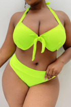 Fluorescent Yellow Sexy Solid Patchwork Halter Plus Size Swimwear