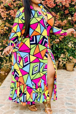 Colour Plus Size Casual Color Lump Plaid Printing Shirt Collar Shirt Dress