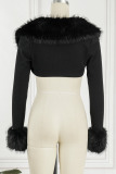 Black Street Solid Patchwork Feathers Asymmetrical Outerwear
