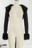 Black Street Solid Patchwork Feathers Asymmetrical Outerwear