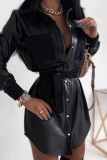 Black Casual Patchwork Shirt Collar Long Sleeve Dresses