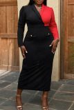 Black Casual Elegant Solid Patchwork Turn-back Collar Straight Plus Size Dresses