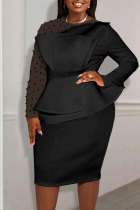 Black Elegant Solid Patchwork Beading O Neck Evening Dress Plus Size Dresses