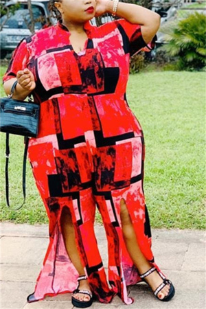 Red Plus Size Casual Color Lump Slit Printing Mandarin Collar