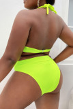 Fluorescent Yellow Sexy Solid Patchwork Halter Plus Size Swimwear