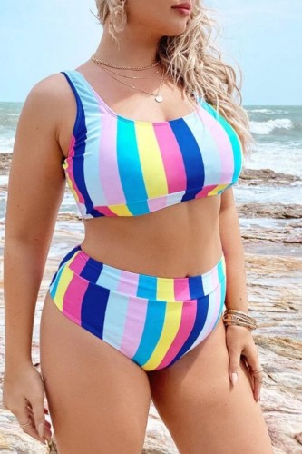 Multicolor Sexy Striped Print Backless U Neck Plus Size Swimwear (With Paddings)