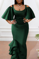Ink Green Elegant Solid Patchwork U Neck Evening Dress Plus Size Dresses