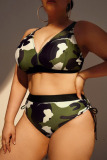 Army Green Sexy Print Camouflage Print Patchwork V Neck Plus Size Swimwear