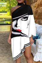 Black And White Casual Print Patchwork Asymmetrical Collar Irregular Dress Dresses