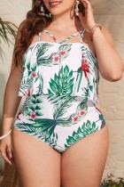 White Sexy Print Backless Spaghetti Strap Plus Size Swimwear (With Paddings)