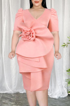 Pink Elegant Solid Patchwork Appliques V Neck Evening Dress Plus Size Dresses