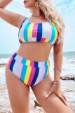 Multicolor Sexy Striped Print Backless U Neck Plus Size Swimwear (With Paddings)