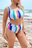 Multicolor Sexy Striped Print Backless U Neck Plus Size Swimwear (With Paddings)