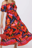 Red Casual Sweet Bohemian Vacation Mixed Printing Print Fold Printing Off the Shoulder Printed Dress Dresses